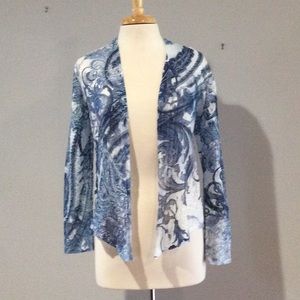 Chico's Blue & White Lightweight Open Front Scalloped Edges Cardigan Size 0/S/4